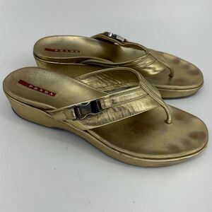 VINTAGE Prada Women’s Size 8 Gold Sport Platform Wedge Y2K Thong Sandals